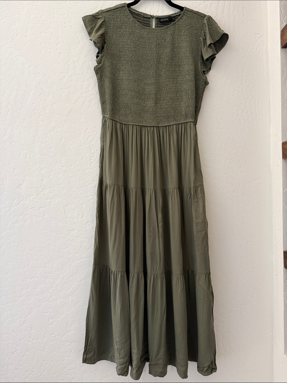 Olive Green Smocked Tiered Maxi Dress with Flutter Sleeves - Size Large